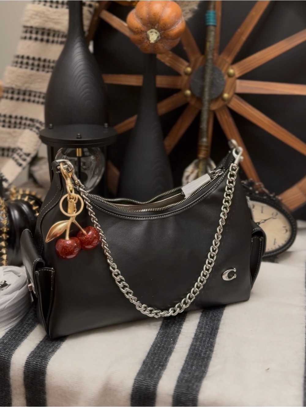 Coach Black Leather Shoulder Bag with Silver Chain Strap
